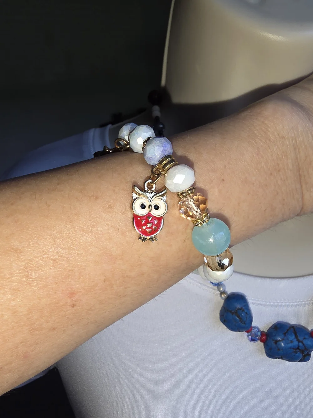 Blue Stone & Red, White Bead Necklace & Owl Charm Bracelet Set